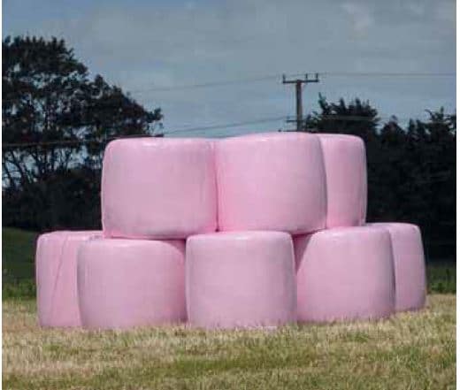 Mit Ballenfolie in Pink will Trioplast die Brustkrebsvorsorgeorganisation Pink Ribbon unterstützen. quaderballen, pink robbin, trioplast