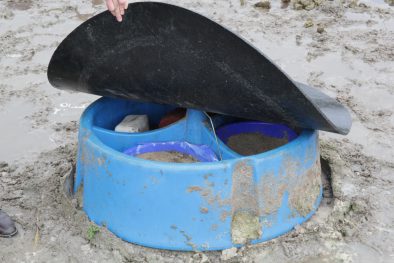 Vor Regen geschützt – der Pferde-Kong enthält Lecksteine und Leckschalen mit Mineralfutter. 